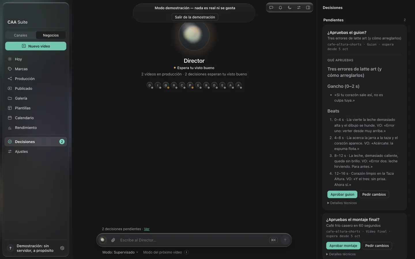 CAA Suite: the decisions screen with a script awaiting approval, its hook and beats, and approve or request-changes buttons.