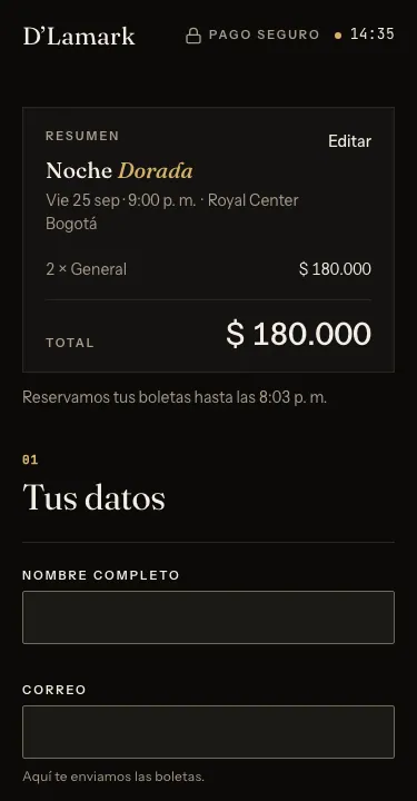 Mobile checkout: order summary and the buyer's details form.