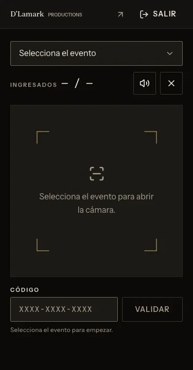 Door scanner for staff: pick the event and validate tickets with the camera or the code.