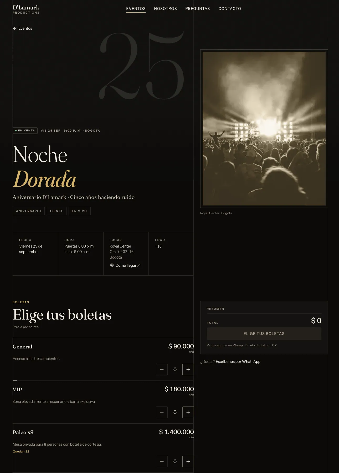 'Noche Dorada' event page: date, venue, ticket types with prices and the order summary.
