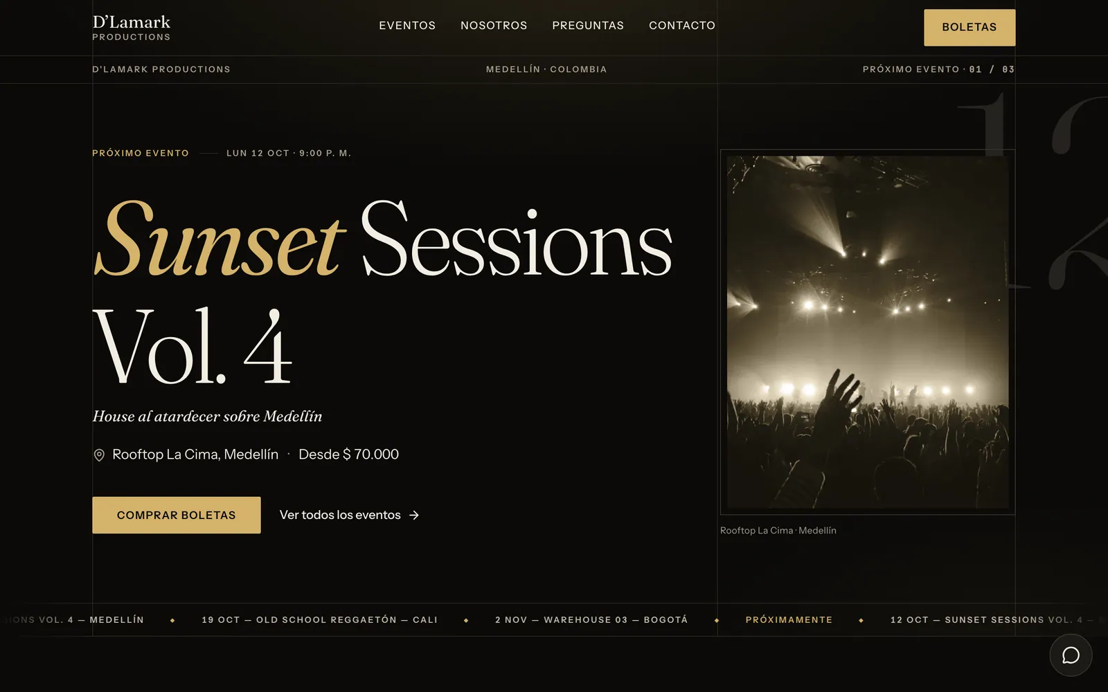 Screenshot of the home page of the D'Lamark Productions website, desktop view