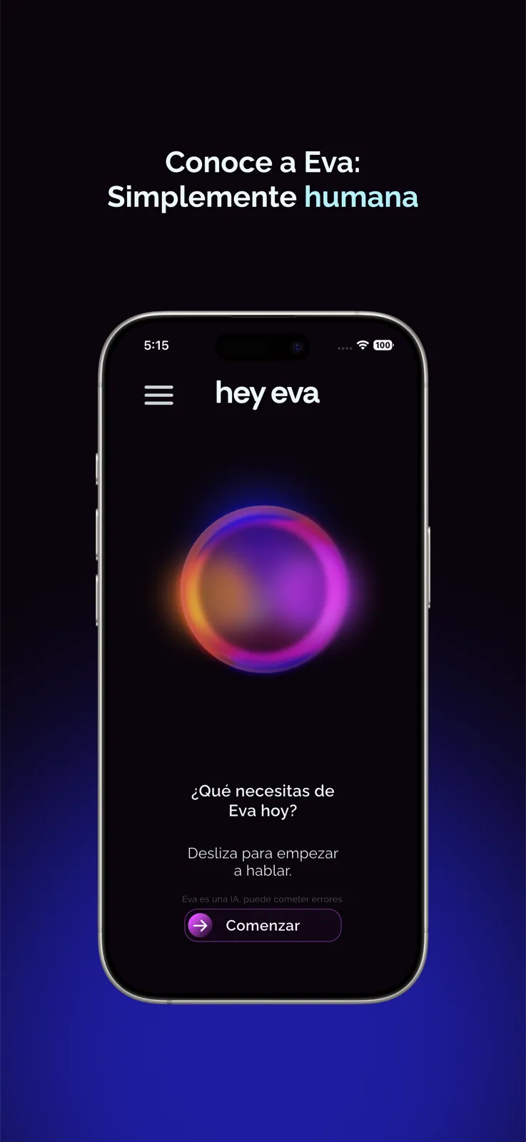 Hey Eva home screen with the voice orb and the Start button (iPhone)
