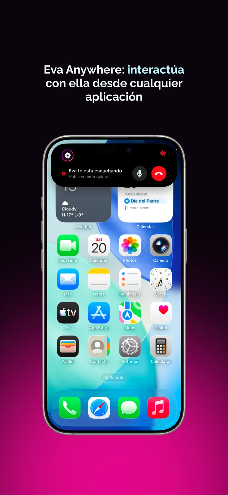 Eva Anywhere listening overlay above the phone home screen (iPhone)