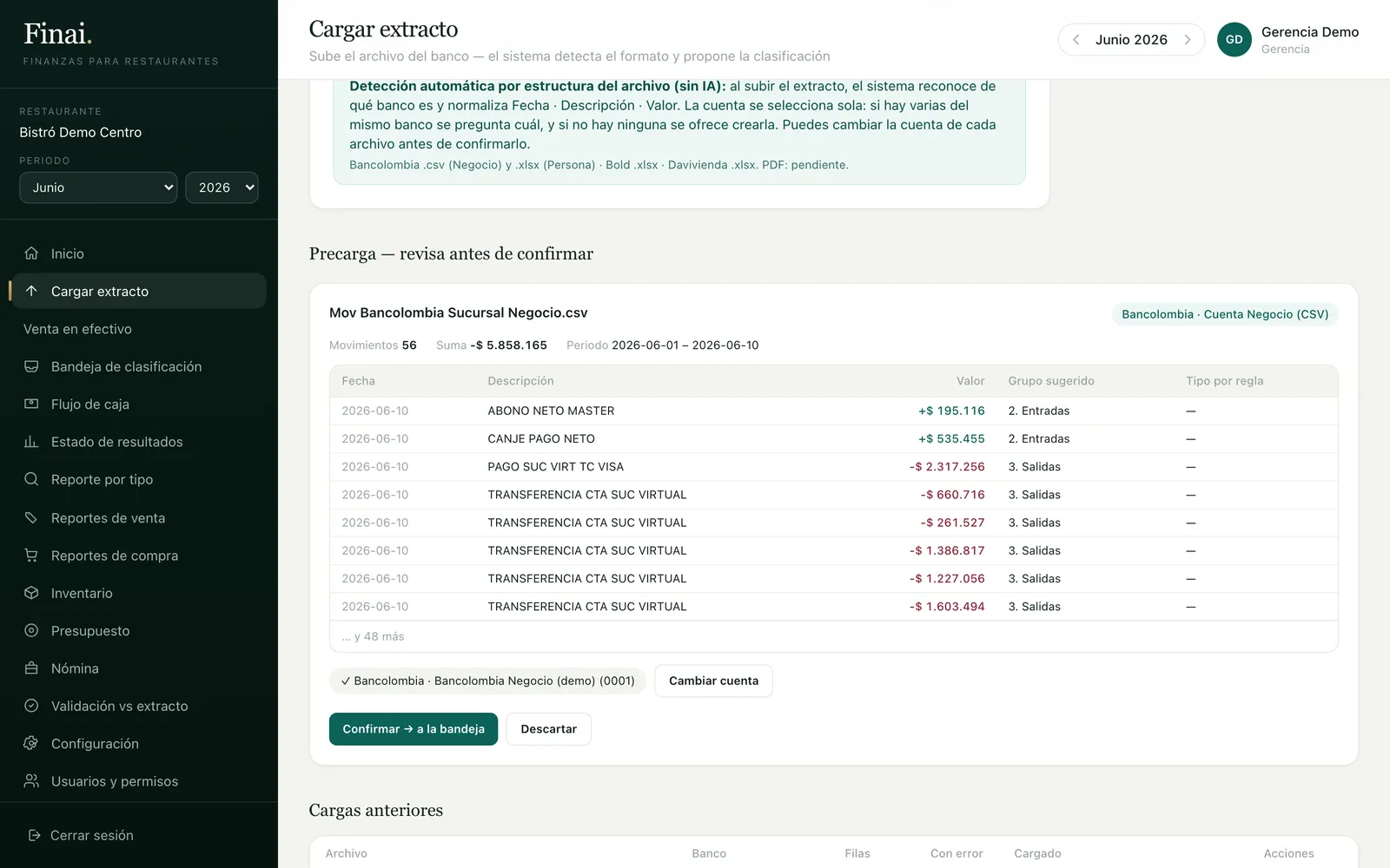 Finai's statement upload screen showing the preview of a Bancolombia file: 56 detected transactions with date, description, amount and suggested group, ready to confirm into the inbox.