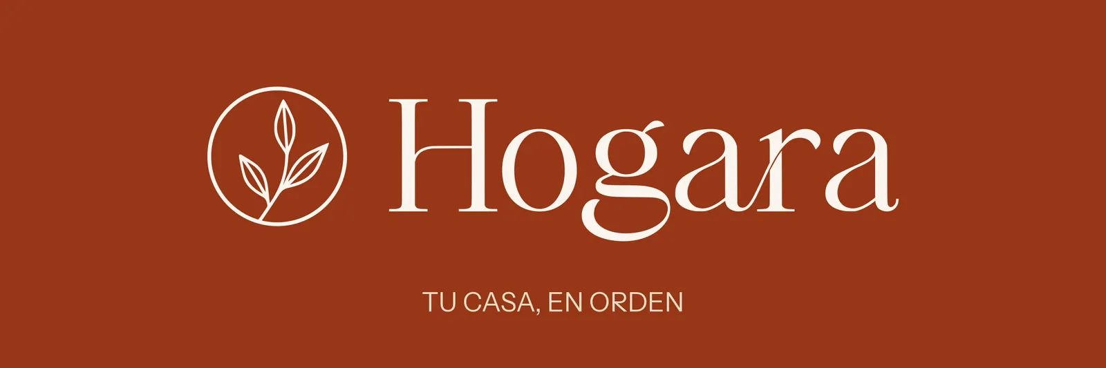 Hogara banner on terracotta with the tagline 'Tu casa, en orden' (Your home, in order).