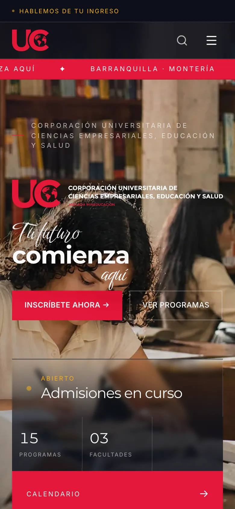Screenshot of the home page of the UC Contigo university website, phone view